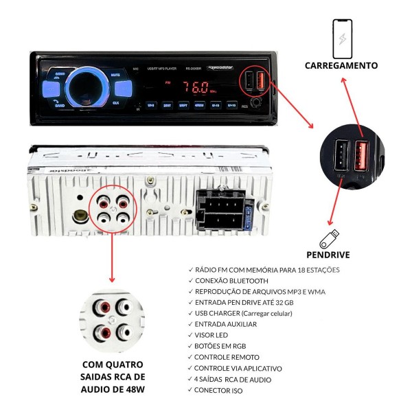 Aparelho Som Radio Automotivo Bluetooth Mp3 Usb Rgb Roadstar